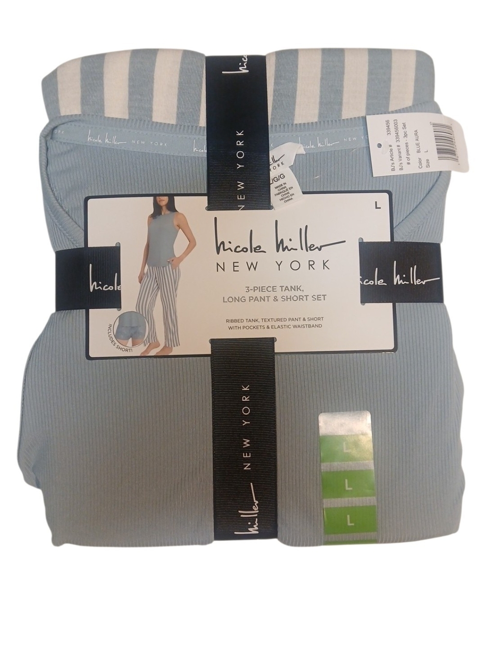 Nicole Miller -NWT, Ladies 3 Piece Blue-Arua, Tank,Long Pant & Short Set,Pockets